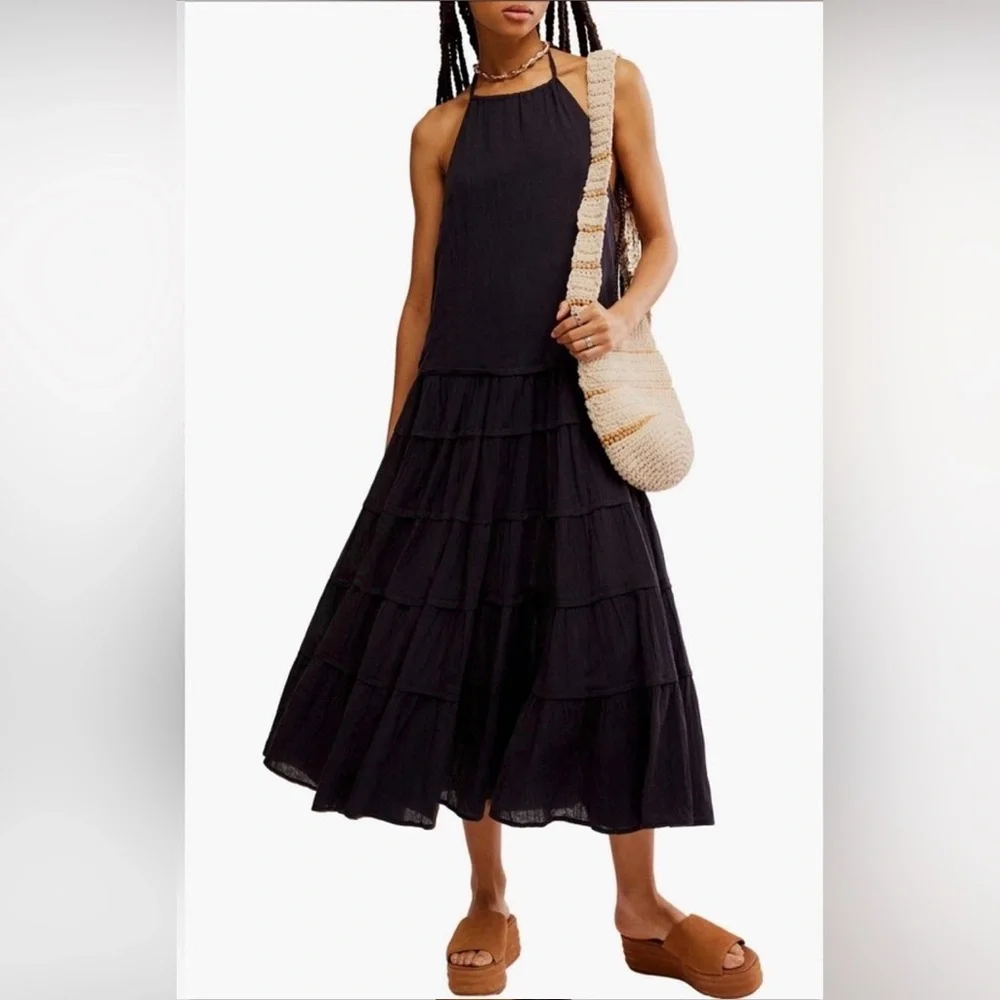 Free People Somewhere Sunny Black Halter Madi Dress Large NEW $118! - Picture 2 of 6